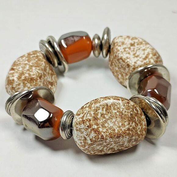 Silver Tone Metal Plastic Beads Stretchy Elastic Cord Bracelet 7.25" Multicolor - Picture 4 of 10